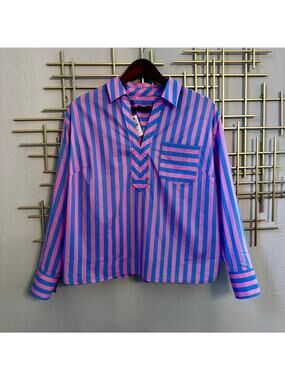 NWT Talbots Petite PS Pink Blue Striped Popover Cotton Top Collared Long Sleeve